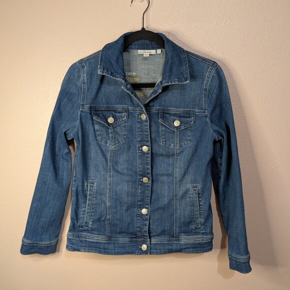 Chico's Tropical Embroidered Denim Jacket Small Blue Floral Boho Jean Coat - Picture 2 of 13